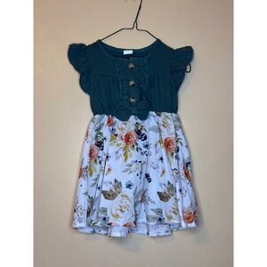 Kids Girls Teal Green Floral Dress Size 2T 3T Short Sleeve Bow Buttons